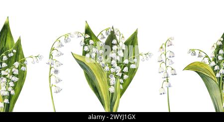 Seamless border with spring lily of the valley flowers. Watercolor ...