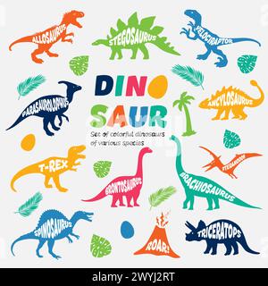Dinosaur color set. Vector dinosaurs on white background. Tyranosaurus Rex, Stegosaurus, Brachiosaurus, Triceratops, and Pterodactyl cartoons. Stock Vector