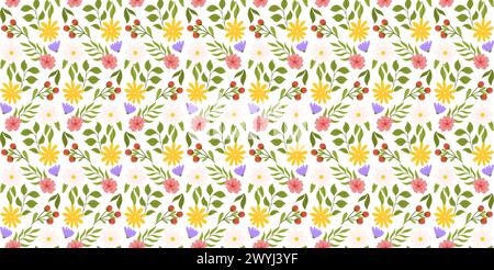 Seamless layout showcasing floral elements. Botanical-inspired repeated design with white, yellow, and lilac flowers, pink cherry blossom, branch with red berries, and different leaves. Stock Vector