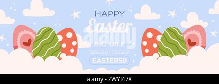 Easter sale horizontal banner template for promotion. Design on sky blue background with painted eggs lay on white clouds Stock Vector