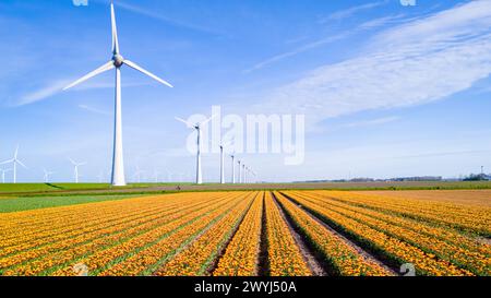 A picturesque landscape unfolds before our eyes as colorful flowers sway in the wind, with majestic windmills standing tall in the distance. windmill turbines, green energy, eco-friendly, earth day Stock Photo