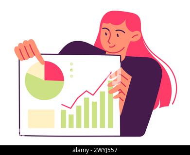 Woman works with statistics, analyzes data Stock Vector