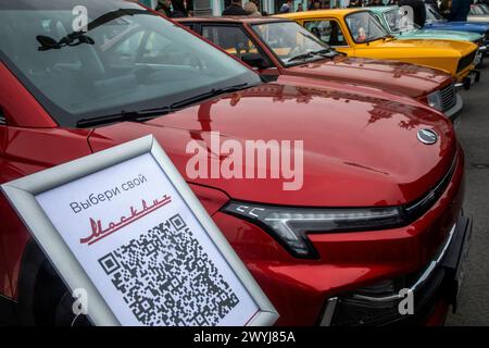 Moscow, Russia. 6th of April, 2024. Moskvich cars of different years of manufacture on display during the parade of retro trams on Tverskaya Zastava Square in the center of Moscow city, Russia Stock Photo