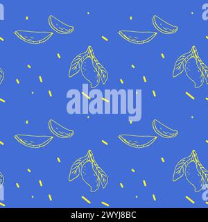 Seamless pattern with mango on blue background. Vector illustration can used for wrapping paper, backdrop, poster, wallpaper. Mango outline sketch. Stock Vector
