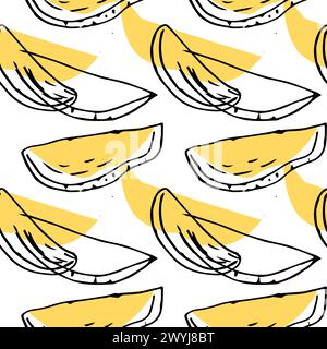 Seamless pattern with mango slice - summer design. Vector illustration can used for wrapping paper, backdrop, poster, wallpaper. Mango outline sketch. Stock Vector