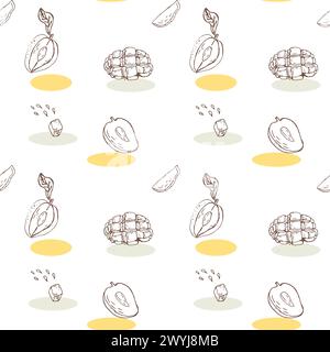 Seamless pattern with mango, tropical fruit sketch background. Vector illustration can used for wrapping paper, backdrop, poster, wallpaper. Mango out Stock Vector