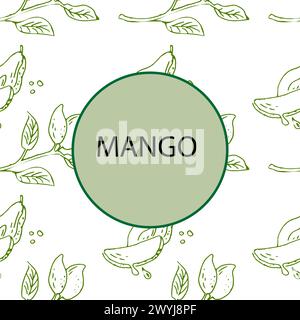 Round mango banner with seamless pattern . Vector illustration of tropical fruit for healthy - mango. Ink paint art in vintage style. Plant part. Stock Vector