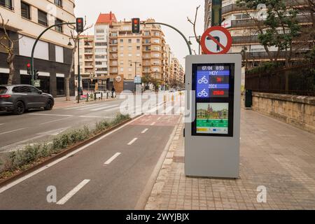 Alcoy, Spain, 04-07-2024: Information panel and control of passage of cyclists next to the bike lane in Alcoy, Spain Stock Photo
