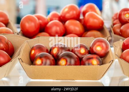 Several ripe black cherry tomatoes in a paper plate, macro, on a market shelf. Stock Photo