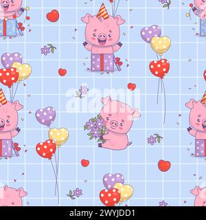 Seamless pattern with festive pigs. Smiling birthday piggy in gift box with balloons and bouquet flowers on blue checkered background. Cute funny Stock Vector