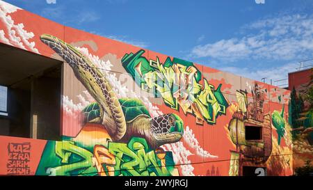 France, Morbihan, Ploemeur, Mutualist Center for Rehabilitation and Functional Rehabilitation of Kerpape, fresco created on the exterior walls of the leisure club by the Diaspora Crew collective Stock Photo