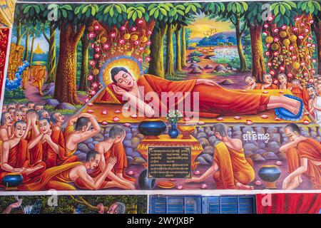 Cambodia, Kampong Chhnang province, Kampong Leng, Kiri Raksmey pagoda, paintings of Buddha's life Stock Photo