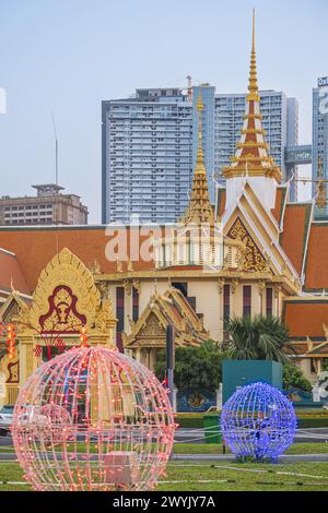 Cambodia, Phnom Penh, Chamkar Mon district, decoration for Chinese New Year in Hun Sen Park along Preah Suramarit Boulevard, the Buddhist Institute in the background Stock Photo