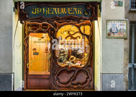 Spain, Catalonia, Barcelona, Barrio Gotico district, hat shop with a neo-modernist storefront on Carrer de Petritxol Stock Photo