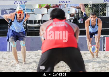 Laguna Province, Philippines. 7th Apr, 2024. Alireza Aghajanighasab (L)/Abbas Pourasgari of Iran compete during the men's final match against Pithak Tipjan/Poravid Taovato of Thailand at the Asian Volleyball Confederation (AVC) Beach Volleyball Tour Nuvali Open in Laguna Province, the Philippines, on April 7, 2024. Credit: Rouelle Umali/Xinhua/Alamy Live News Stock Photo