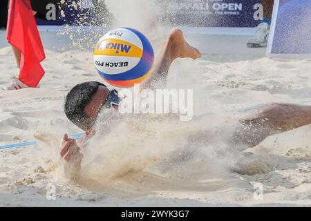 Laguna Province, Philippines. 7th Apr, 2024. Pithak Tipjan saves the ball during the men's final match between Abbas Pourasgari/Alireza Aghajanighasab of Iran and Pithak Tipjan/Poravid Taovato of Thailand at the Asian Volleyball Confederation (AVC) Beach Volleyball Tour Nuvali Open in Laguna Province, the Philippines, on April 7, 2024. Credit: Rouelle Umali/Xinhua/Alamy Live News Stock Photo