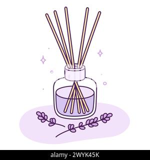 Cartoon reed diffuser with lavender sprigs doodle. Relaxation aroma, home fragrance. Cute hand drawn vector illustration. Stock Vector