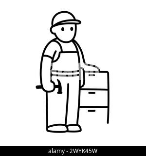 Carpenter, cabinet maker doodle icon. Cute cartoon hand drawn character with hammer and cabinet furniture. Black and white line art, vector illustrati Stock Vector