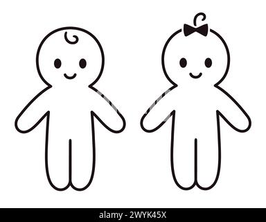 Cute and simple baby boy and girl line icon. Hand drawn full body cartoon doodle. Simple drawing, vector illustration. Stock Vector