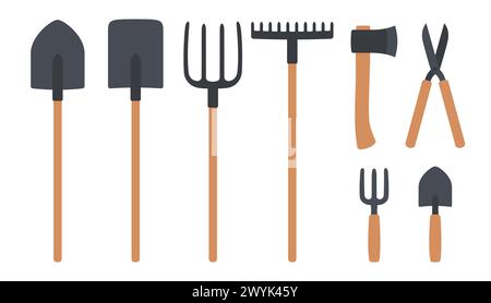 Gardening and farming equipment tools. Spade, shovel, rake, axe, etc. Flat cartoon vector illustration set. Stock Vector