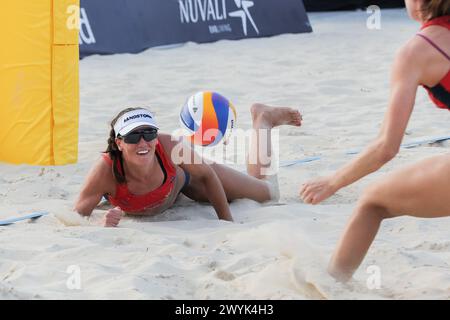 Laguna Province, Philippines. 7th Apr, 2024. Georgia Johnson saves the ball during the women's final match between Stefanie Fejes/Jana Milutinovic of Australia and Jasmine Fleming/Georgia Johnson of Australia at the Asian Volleyball Confederation (AVC) Beach Volleyball Tour Nuvali Open in Laguna Province, the Philippines, on April 7, 2024. Credit: Rouelle Umali/Xinhua/Alamy Live News Stock Photo