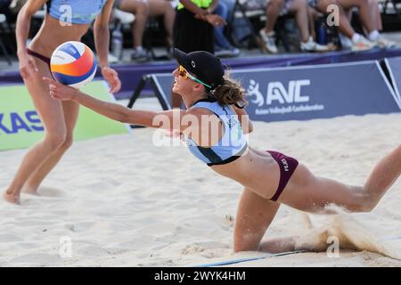 Laguna Province, Philippines. 7th Apr, 2024. Stefanie Fejes saves the ball during the women's final match between Stefanie Fejes/Jana Milutinovic of Australia and Jasmine Fleming/Georgia Johnson of Australia at the Asian Volleyball Confederation (AVC) Beach Volleyball Tour Nuvali Open in Laguna Province, the Philippines, on April 7, 2024. Credit: Rouelle Umali/Xinhua/Alamy Live News Stock Photo