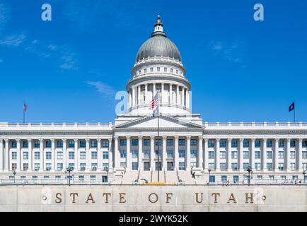 American flag fiying over the Utah State Capitol building in Salt Lake City, Utah Stock Photo