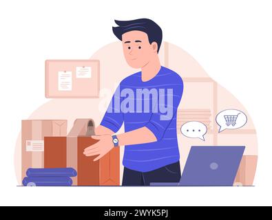 Online Business Owner Packing Product Order Into Parcel Box for Online Shopping and E-Commerce Concept Illustration Stock Vector