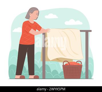 Senior Woman Drying Clothes on Clothesline in Garden Stock Vector