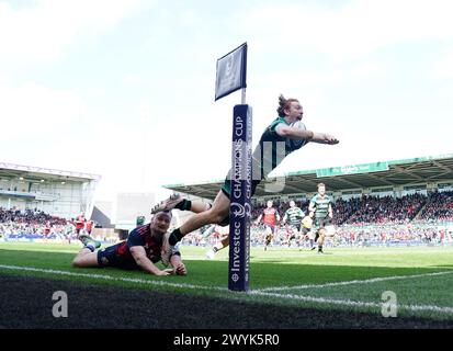 Northampton Saints' George Hendy dives over to score his side's third try during the ECPR Challenge Cup match at cinch Stadium at Franklin's Gardens, Northampton. Picture date: Sunday April 7, 2024. Stock Photo