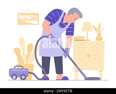 Senior Man Cleaning House with Electric Vacuum Cleaner Stock Vector