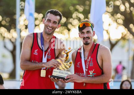 Laguna Province, Philippines. 7th Apr, 2024. Men's gold medalists Alireza Aghajanighasab/Abbas Pourasgari (R) of Iran pose for photos during the awarding ceremony of the Asian Volleyball Confederation (AVC) Beach Volleyball Tour Nuvali Open in Laguna Province, the Philippines, on April 7, 2024. Credit: Rouelle Umali/Xinhua/Alamy Live News Stock Photo