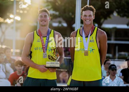 Laguna Province, Philippines. 7th Apr, 2024. Men's bronze medalists D'Artagnan Potts (R)/Ben Hood of Australia pose for photos during the awarding ceremony of the Asian Volleyball Confederation (AVC) Beach Volleyball Tour Nuvali Open in Laguna Province, the Philippines, on April 7, 2024. Credit: Rouelle Umali/Xinhua/Alamy Live News Stock Photo