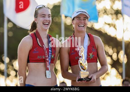 Laguna Province, Philippines. 7th Apr, 2024. Women's silver medalists Jasmine Fleming (L)/Georgia Johnson of Australia react during the awarding ceremony of the Asian Volleyball Confederation (AVC) Beach Volleyball Tour Nuvali Open in Laguna Province, the Philippines, on April 7, 2024. Credit: Rouelle Umali/Xinhua/Alamy Live News Stock Photo