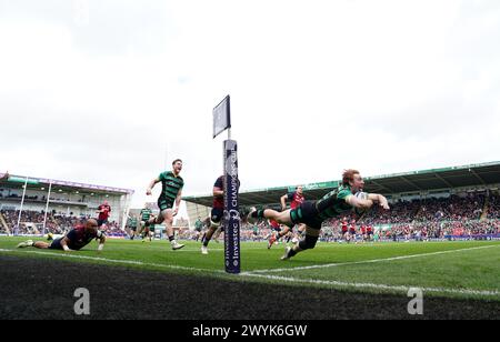 Northampton Saints' George Hendy dives over to score his side's fourth try during the ECPR Challenge Cup match at cinch Stadium at Franklin's Gardens, Northampton. Picture date: Sunday April 7, 2024. Stock Photo