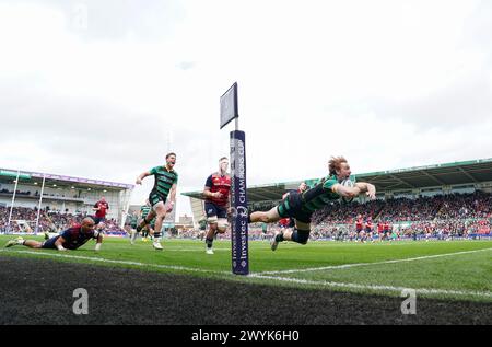 Northampton Saints' George Hendy dives over to score his side's fourth try during the ECPR Challenge Cup match at cinch Stadium at Franklin's Gardens, Northampton. Picture date: Sunday April 7, 2024. Stock Photo