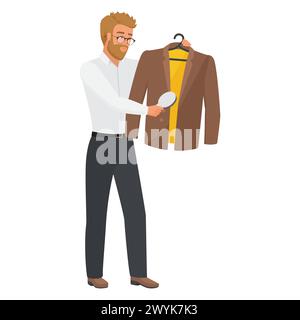 Mans morning routine, teacher or office worker cleaning formal jacket before work vector illustration Stock Vector