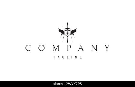 A vector logo with an abstract image of a shield and sword with wings. Stock Vector