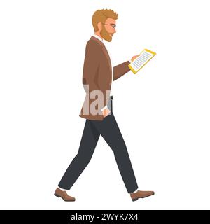 Teacher reading paper document, presentation on clipboard while walking vector illustration Stock Vector