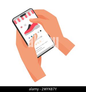 Hands holding mobile phone to rate quality of shoes with stars vector illustration Stock Vector