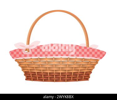 3D wicker basket with pink ribbon bow on handle, fabric inside vector illustration Stock Vector