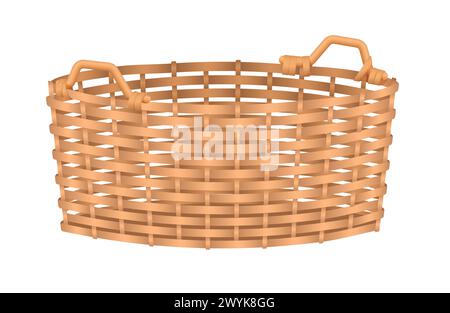 3D round empty wicker basket, container with two handles vector illustration Stock Vector