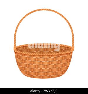 3D retro wicker basket, round empty box with handle for picnic or Easter gift vector illustration Stock Vector