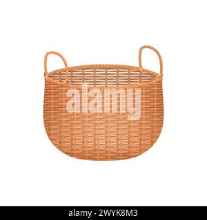 3D rattan basket with handles, wicker empty hamper or straw bag vector illustration Stock Vector