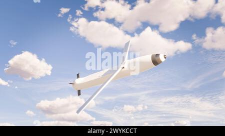 Russia Air Forces used new UMPB D-30 SN guided bombs with a range that triples that of conventional glide bombs. Bomb and cloud sky. 3d rendering Stock Photo