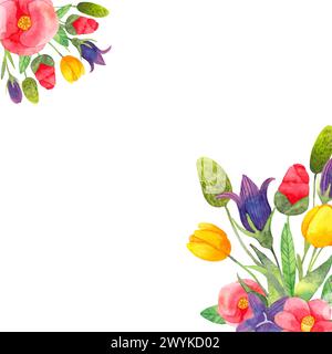 Square frame of flowers with leaves. Background of camellia, tulip and bell. Botanical watercolor illustration. Hand drawn art isolated. For wedding Stock Vector