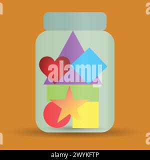 Jar with different colorful geometric shapes inside Stock Vector