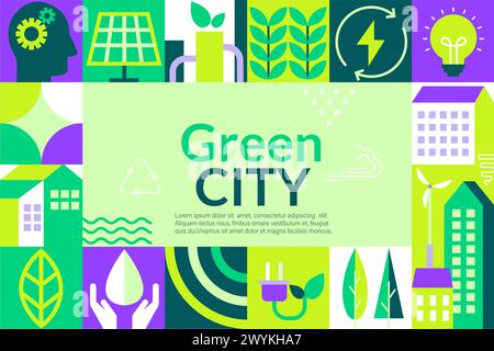 Green city banner in geometric flat style. Stock Vector