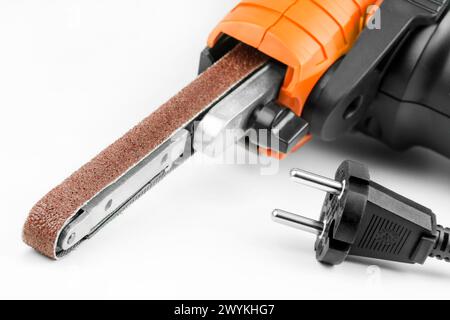 Belt sander on white background closeup  Bandschleifer Stock Photo