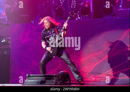 April 06, 2024: Judas Priest bassist Ian Hill plays a concert in Milan, Italy Stock Photo